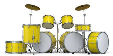 Beyaz arka planda metal zilleri olan gerçekçi davullar. 3D render müzik perküsyon enstrümanı, davul makinesi ve bateri seti