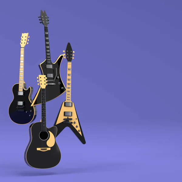 パープルを基調としたエレクトリック アコースティック ギターのセット 音楽ショップのための重い金属ギターとロックフェスティバルポスターのための概念の3Dレンダリング — ストック写真