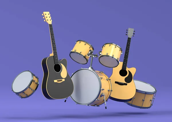 Set of electric acoustic guitars and drums with metal cymbals on purple background. 3d render of musical percussion instrument, drum machine and drumset with heavy metal guitar for rock festival