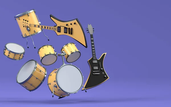 Set Electric Acoustic Guitars Drums Metal Cymbals Purple Background Render — Stock Photo, Image