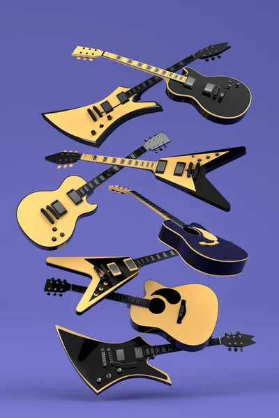 Conjunto Guitarras Acústicas Eléctricas Aisladas Sobre Fondo Púrpura Render Concept —  Fotos de Stock