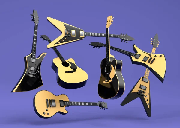 Conjunto Guitarras Acústicas Eléctricas Aisladas Sobre Fondo Púrpura Render Concept —  Fotos de Stock