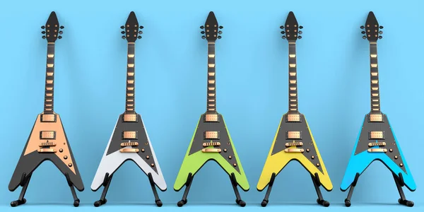 Conjunto Guitarra Acústica Elétrica Isolada Sobre Fundo Azul Renderização Conceito — Fotografia de Stock