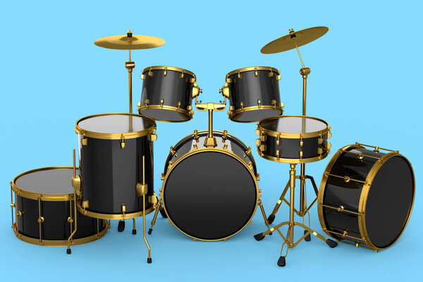 Conjunto Tambores Realistas Con Platillos Metálicos Sobre Fondo Azul Render — Foto de Stock