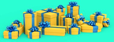 Yeşil arka planda izole edilmiş kurdeleli hediye kutuları. 3D karşılama tasarımı konsepti: Doğum günü, Noel, Kara Cuma, Yeni Yıl