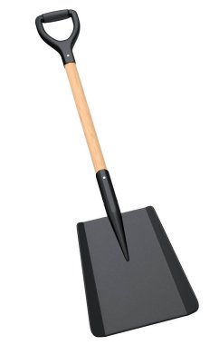 Beyaz arka planda izole edilmiş tahta saplı bahçe küreği. Çiftlik ve yaz kampı için 3D bahçe aletleri ve ekipman.