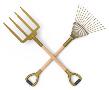 Set of garden pitchfork and rake with wooden handle for harvesting hay isolated on white background. 3d render of garden tool and equipment for farm and harvesting