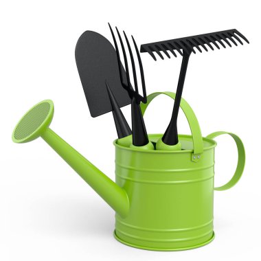 Beyaz arka planda kürek, tırmık ve çatal gibi bahçe aletleriyle sulama tenekesi. 3D bahçe işleri ve tarım malzemeleri kavramı