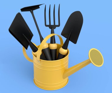 Mavi arka planda kürek, tırmık ve çatal gibi bahçe aletleriyle sulama tenekesi. 3D bahçe işleri ve tarım malzemeleri kavramı