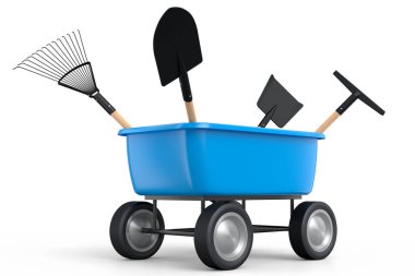 Bahçe el arabası, arka planda kürek, tırmık ve çatal gibi aletlerle. El arabası ya da direksiyonlu bir araba. Kargo taşımacılığı için 3D tarım bahçesi oluşturma aracı.