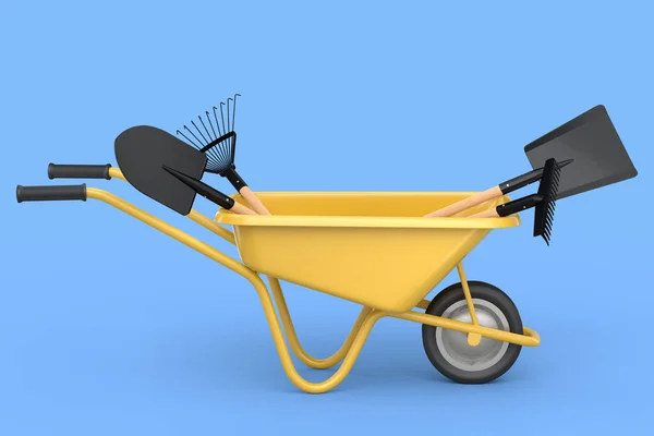 Garden wheelbarrow with garden tools like shovel, rake and fork on blue background. Handcart or cart with wheel. 3d render of farm gardening tool for carriage of cargoes.