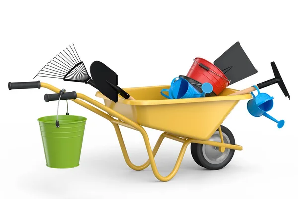 Garden Wheelbarrow Garden Tools Shovel Watering Can Fork White Background —  Fotos de Stock