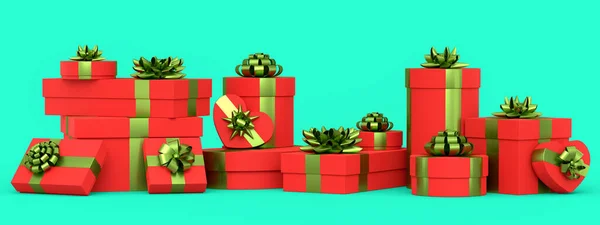 礼品盒与缎带和弓形隔离在绿色背景 三维渲染问候设计的概念生日 圣诞节 黑色星期五 — 图库照片