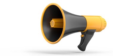 Beyaz arka planda megafon izole edilmiş. 3D alışveriş ve reklam fikri, işe alım kavramı