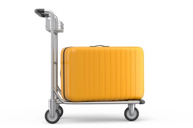 Beyaz arka planda bagaj taşımak için otel vagonunda normal polikarbonat bavulu. 3D seyahat konsepti. Tatil ve bagaj taşımacılığı.