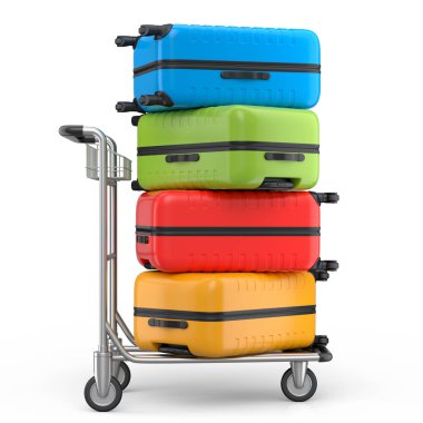 Beyaz arka planda bagaj taşımak için otel vagonunda normal polikarbonat bavulu. 3D seyahat konsepti. Tatil ve bagaj taşımacılığı.