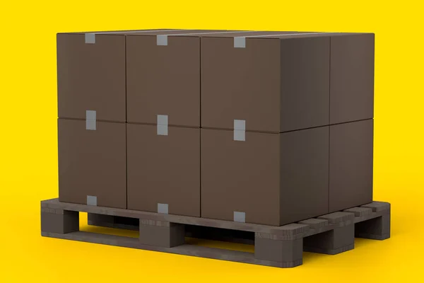 Set Wooden Pallet Warehouse Cargo Storage Cardboard Boxes Yellow Background —  Fotos de Stock