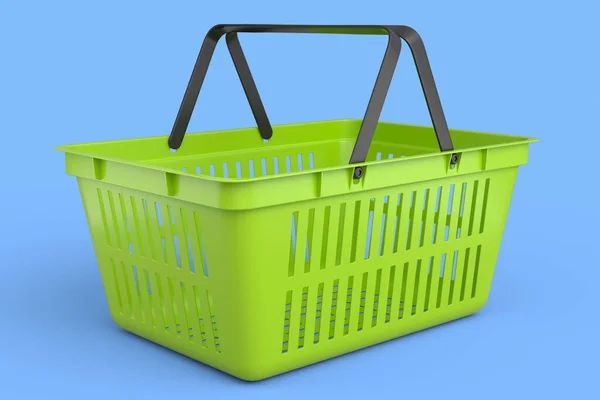 Plastic shopping basket from supermarket on blue background. 3d render concept of online shopping andblack friday sale