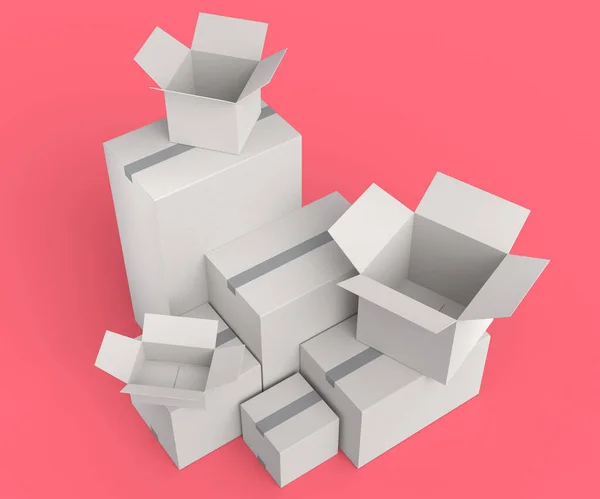 Stack of cardboard boxes or carton gift box isolated on pink background. 3d render concept of express delivery to warehouse, carrying parcel and online shopping