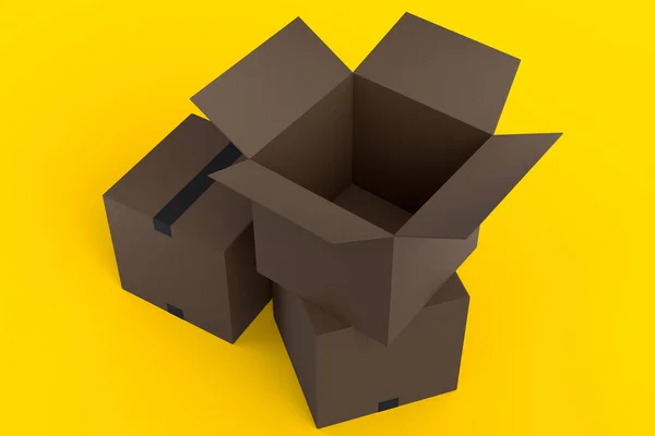 Set of cardboard boxes or carton gift box isolated on yellow background. 3d render concept of express delivery to warehouse, carrying parcel and online shopping