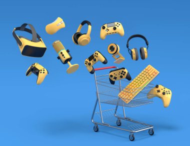 Fare, klavye, joystick, kulaklık gibi uçan oyun vitesleri mavi arka planda alışveriş arabalarında VR kulaklık. 3D satış, alışveriş ve canlı yayın aksesuarları sunma kavramı