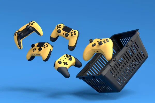 Set Van Vliegende Gamer Joysticks Gamepads Plastic Mandje Blauwe Achtergrond — Stockfoto