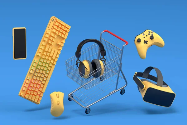 Gamer Fogaskerekek Mint Egér Billentyűzet Joystick Headset Headset Bevásárlókocsik Kék — Stock Fotó