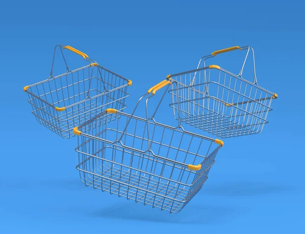 Uppsättning Flygande Metalltråd Shopping Korg Från Snabbköpet Blå Bakgrund Rendera — Stockfoto