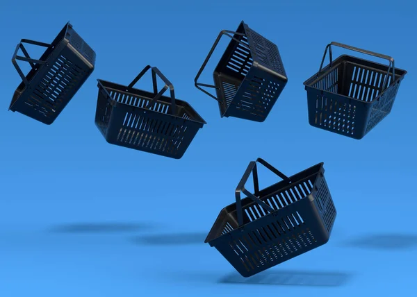 Uppsättning Flygande Plast Shoppingkorg Från Snabbköpet Blå Bakgrund Rendera Begreppet — Stockfoto