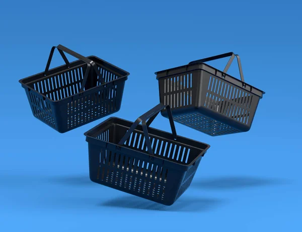 Набір Літаючих Пластикових Кошиків Супермаркету Синьому Фоні Концепція Рендерингу Онлайн — стокове фото