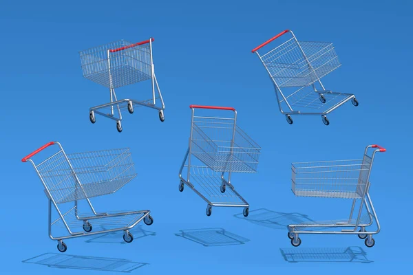 Set Flying Shopping Carts Trolley Groceries Blue Background Render Concept — Stock Photo, Image