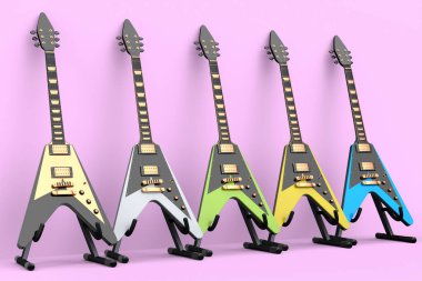 Pembe arka planda izole edilmiş elektro akustik gitar seti. Müzik dükkanı için heavy metal gitarlı 3D rock festivali posteri.
