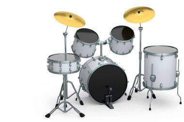 Beyaz arka planda metal zilleri olan gerçekçi davullar. 3D render müzik perküsyon enstrümanı, davul makinesi ve bateri seti