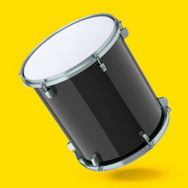 Sarı arka planda gerçekçi davul. 3D render müzik aleti, davul makinesi konsepti.