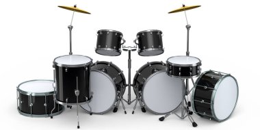 Beyaz arka planda metal zilleri olan gerçekçi davullar. 3D render müzik perküsyon enstrümanı, davul makinesi ve bateri seti