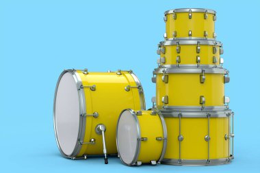 Gerçekçi davul seti ya da davul seti mavi arka planda. 3D render müzik perküsyon enstrümanı, davul makinesi ve bateri seti