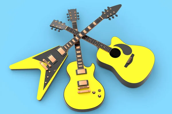 Conjunto Guitarra Acústica Elétrica Isolada Sobre Fundo Azul Renderização Conceito — Fotografia de Stock