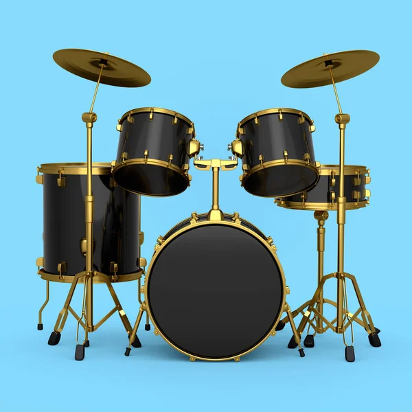Mavi arka planda metal zilleri olan gerçekçi davullar. 3D render müzik perküsyon enstrümanı, davul makinesi ve bateri seti
