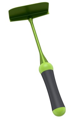 Beyaz arka planda çiçek ve sebze dikmek için tahta sopalı çapa. Organik çiftliğin 3D canlandırma kavramı