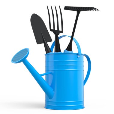 Beyaz arka planda kürek, tırmık ve çatal gibi bahçe aletleriyle sulama tenekesi. 3D bahçe işleri ve tarım malzemeleri kavramı