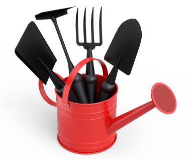 Beyaz arka planda kürek, tırmık ve çatal gibi bahçe aletleriyle sulama tenekesi. 3D bahçe işleri ve tarım malzemeleri kavramı