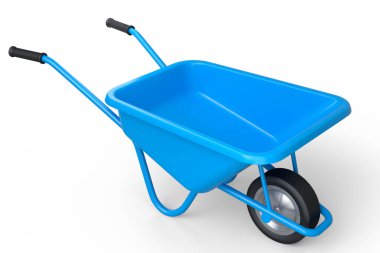 Garden wheelbarrow isolated on white background. Handcart with wheel. 3d render of farm gardening tool for carriage of cargoes.
