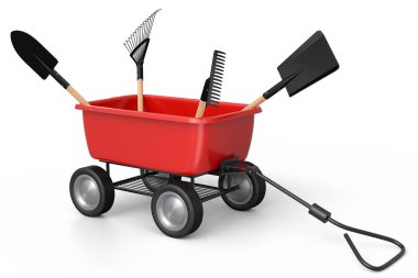 Bahçe el arabası, arka planda kürek, tırmık ve çatal gibi aletlerle. El arabası ya da direksiyonlu bir araba. Kargo taşımacılığı için 3D tarım bahçesi oluşturma aracı.