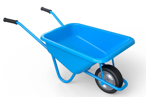 Садовая тачка изолирована на белом фоне. Тележка с колесом. 3d Оказание сельскохозяйственного садоводческого инструмента для перевозки грузов.