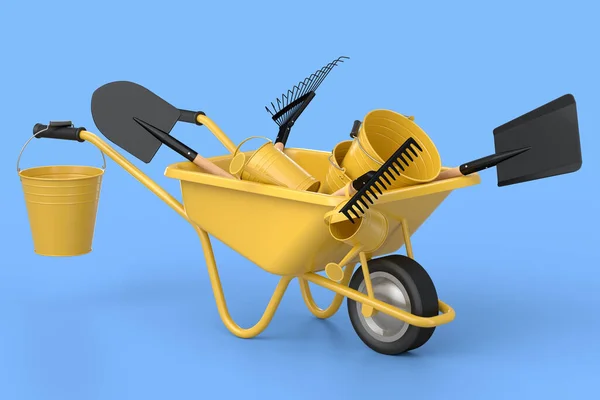 Garden wheelbarrow with garden tools like shovel, watering can and fork on blue background. Handcart or cart with wheel. 3d render of farm gardening tool for carriage of cargoes.