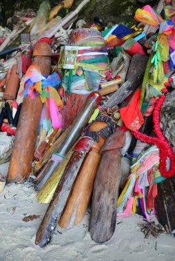 KRABI, THAILAND - March 24, 2022 : Phra Nang Cave, this cave, which is often referred to as the Princess Cave, is sacred notice the many penis figures, Krabi Province, Thailand