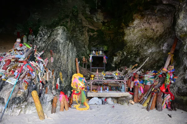 KRABI, THAILAND - March 24, 2022 : Phra Nang Cave, this cave, which is often referred to as the Princess Cave, is sacred notice the many penis figures, Krabi Province, Thailand