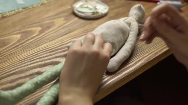 Mulheres costura uma boneca de pano bonito. — Vídeo de Stock
