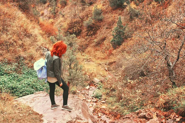 Turista femminile con uno zaino ammira il paesaggio montano. — Foto Stock