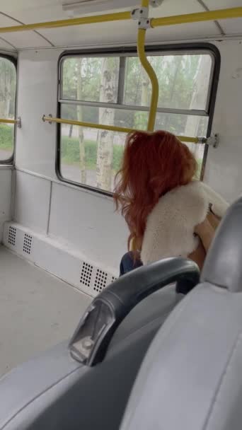 Kadın otobüste oturuyor ve fotoğrafçıya poz veriyor.. — Stok video